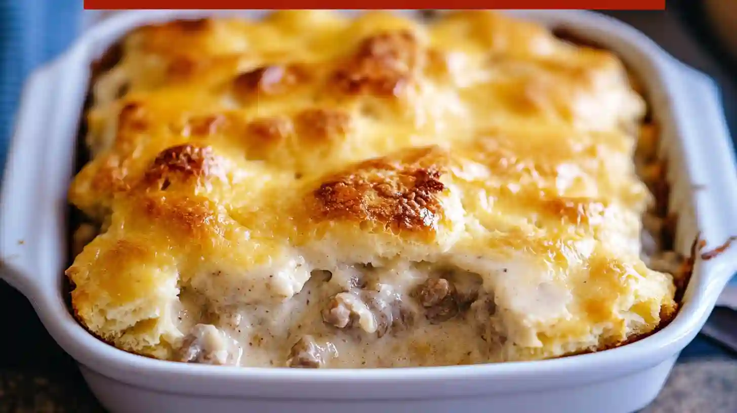 The entire Biscuits and Gravy Casserole fresh from the oven, bubbling with a golden-brown cheesy crust in a white casserole dish.