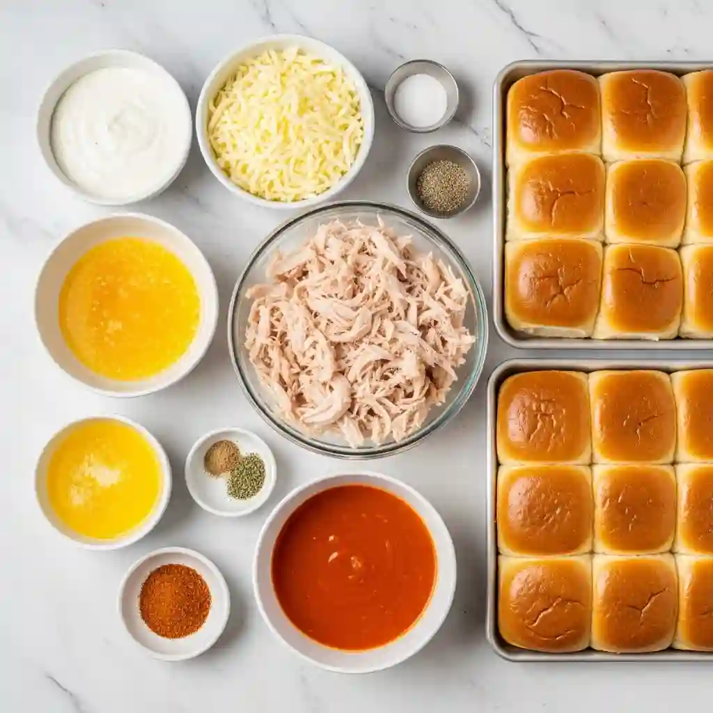Overhead view of all ingredients to make Buffalo Chicken Sliders, including chicken, sauce, cheese, and buns.