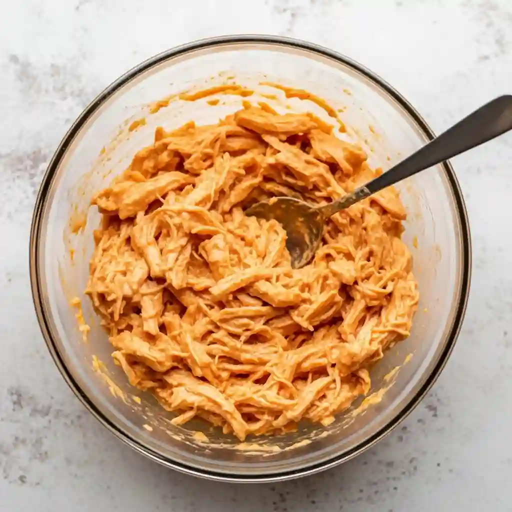 A glass bowl of shredded chicken mixed with buffalo sauce for Buffalo Chicken Sliders.