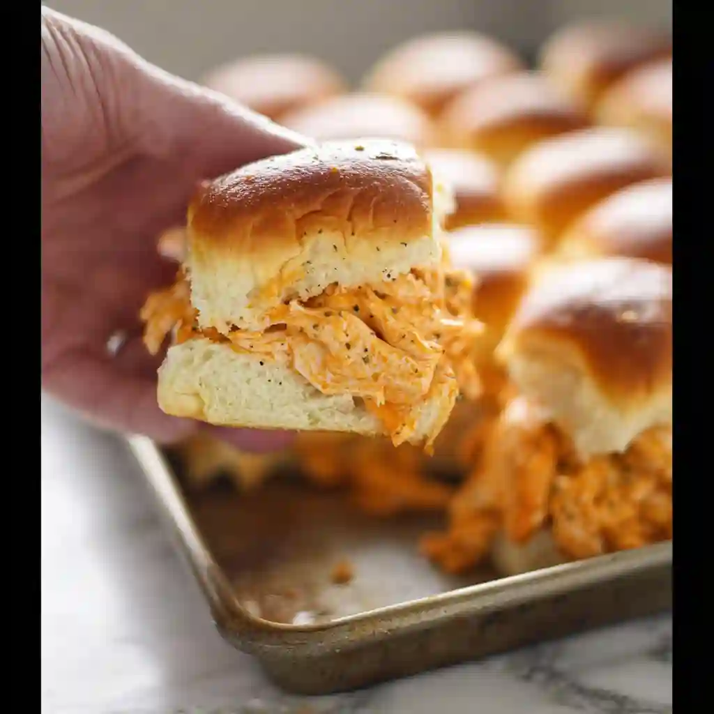 A hand lifting a warm, cheesy Buffalo Chicken Slider from a full sheet pan