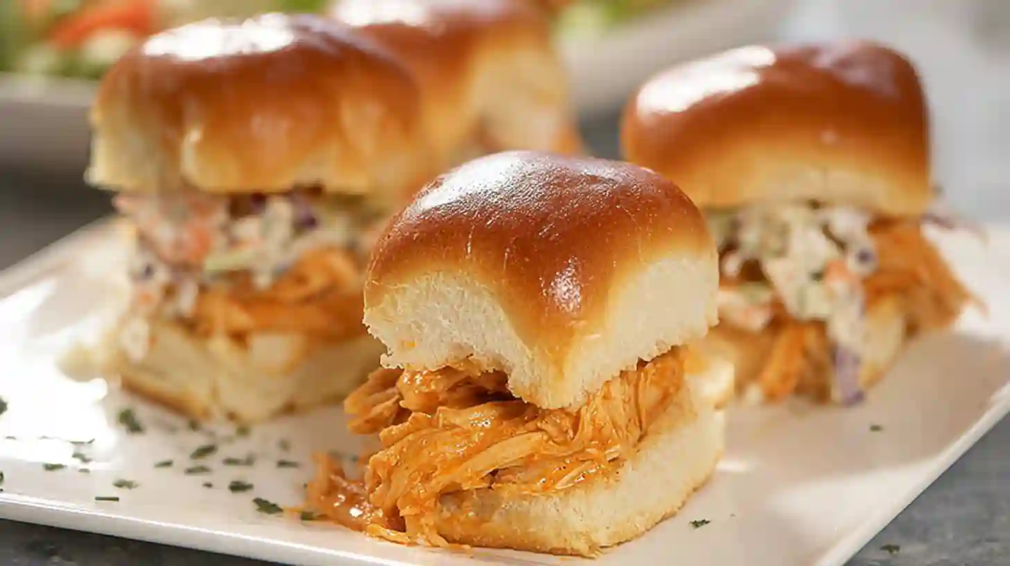A glass bowl of shredded chicken mixed with buffalo sauce for Buffalo Chicken Sliders.