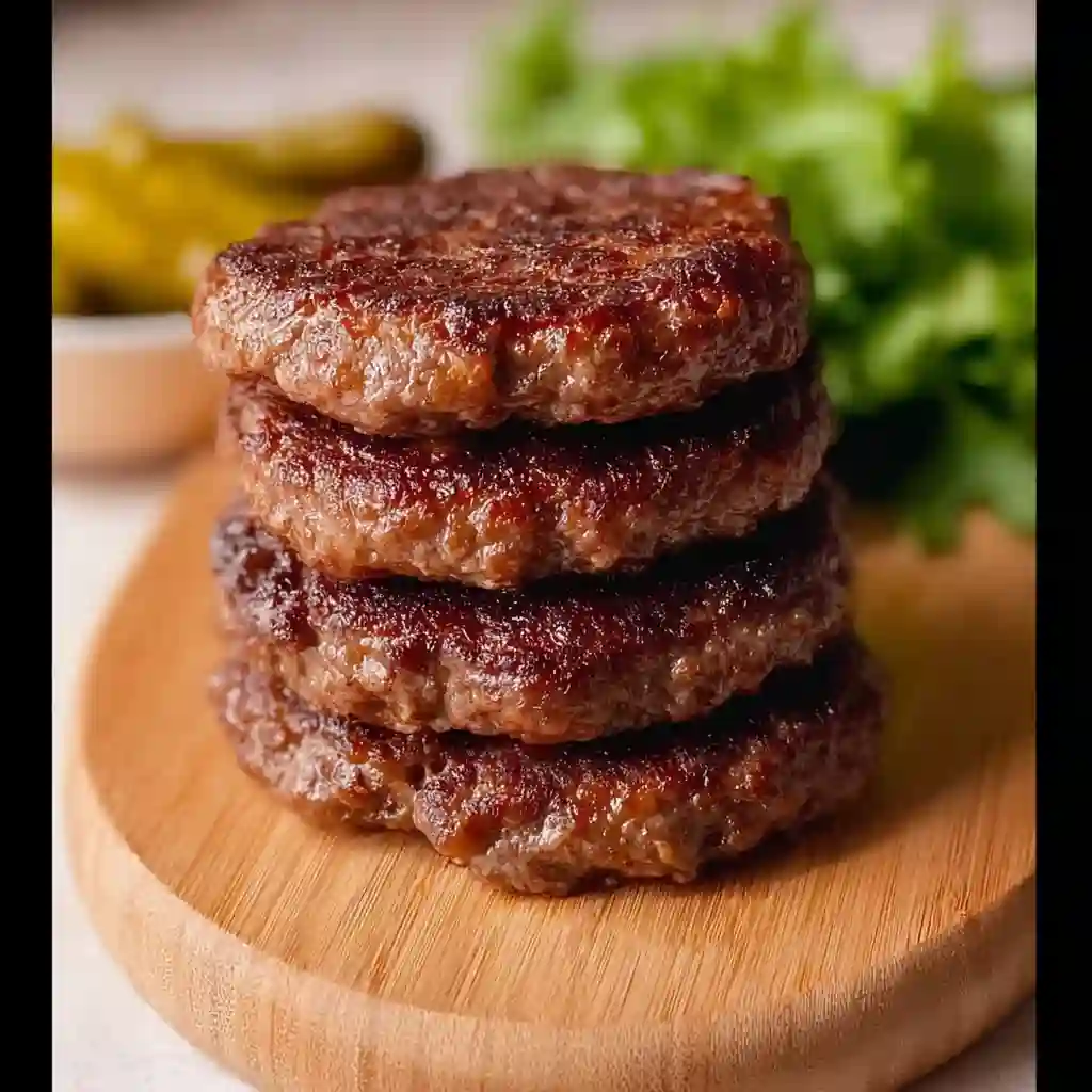 A stack of freshly cooked Hamburger Patties on a wooden board ready for Cheeseburgers In Air Fryer, ideal for a Fast Lunch, Toddler Lunch Recipes, or an easy Weeknight Dinner.