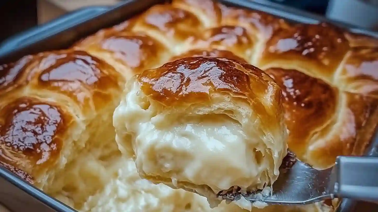 Close-up shot of a single serving of Cheesecake Crescent Rolls Casserole, highlighting the flaky, glossy golden crust and thick, creamy cheesecake filling." Secondary: "A detailed close-up of a bite of Cheesecake Crescent Rolls Casserole on a spatula, showcasing its creamy texture.