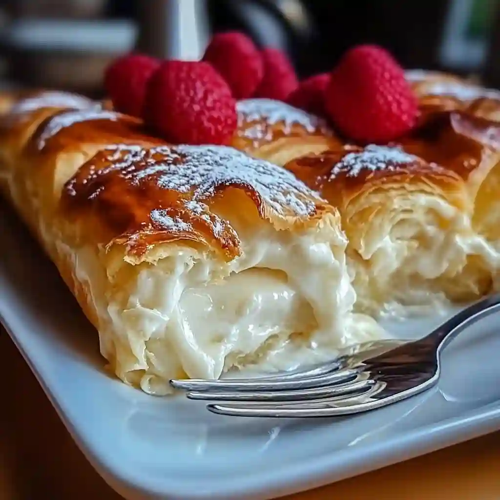 A spatula lifting a perfect, golden-brown roll from a pan of Cheesecake Crescent Rolls Casserole, revealing the rich, creamy cheesecake filling inside