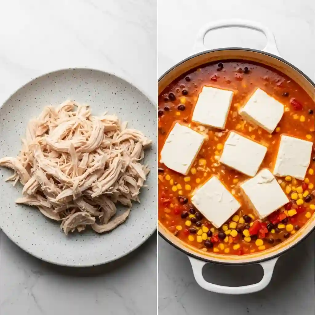 Key steps for a creamy Chicken Enchilada Soup recipe: a plate of shredded chicken on the left, and adding blocks of cream cheese to the soup pot on the right.