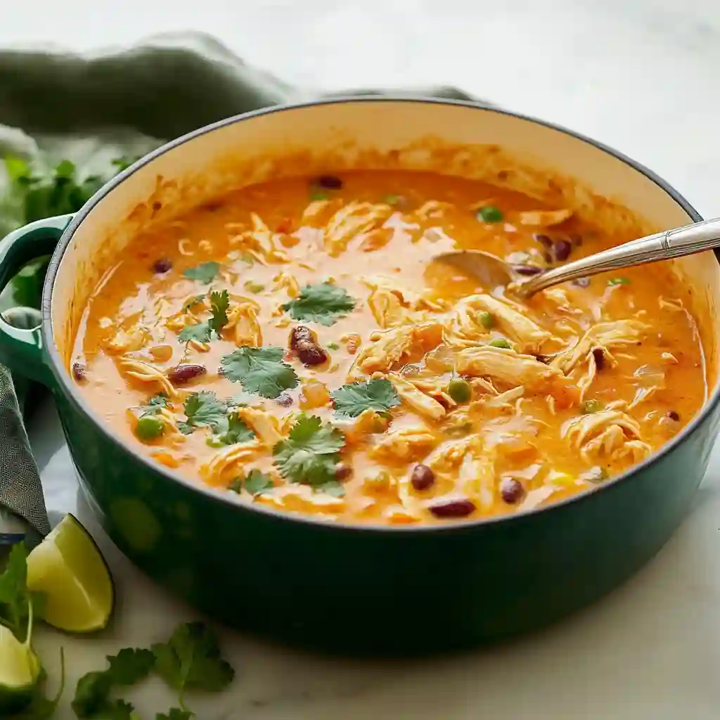 A green pot filled with homemade creamy Chicken Enchilada Soup, garnished with fresh cilantro and served with lime wedges on the side.