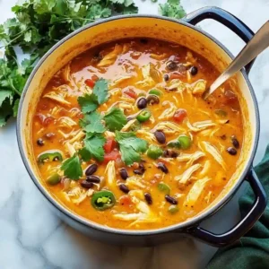 Process shots for making the best Chicken Enchilada Soup, showing onions and peppers sautéing on the left, and raw chicken breast, beans, and corn being added on the right.