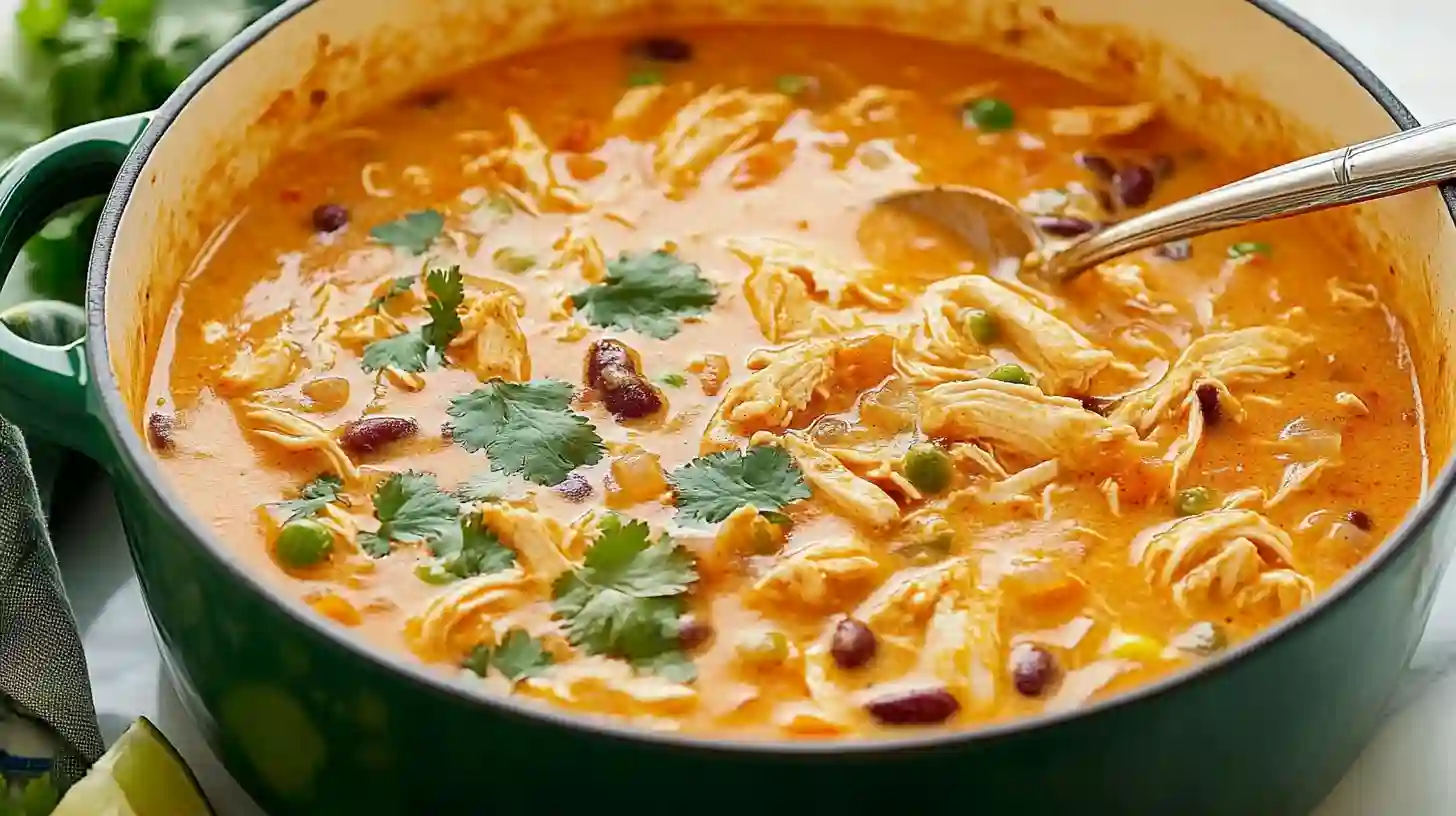 A close-up hero shot of a pot of rich and creamy Chicken Enchilada Soup, showing the texture with shredded chicken, beans, and fresh cilantro
