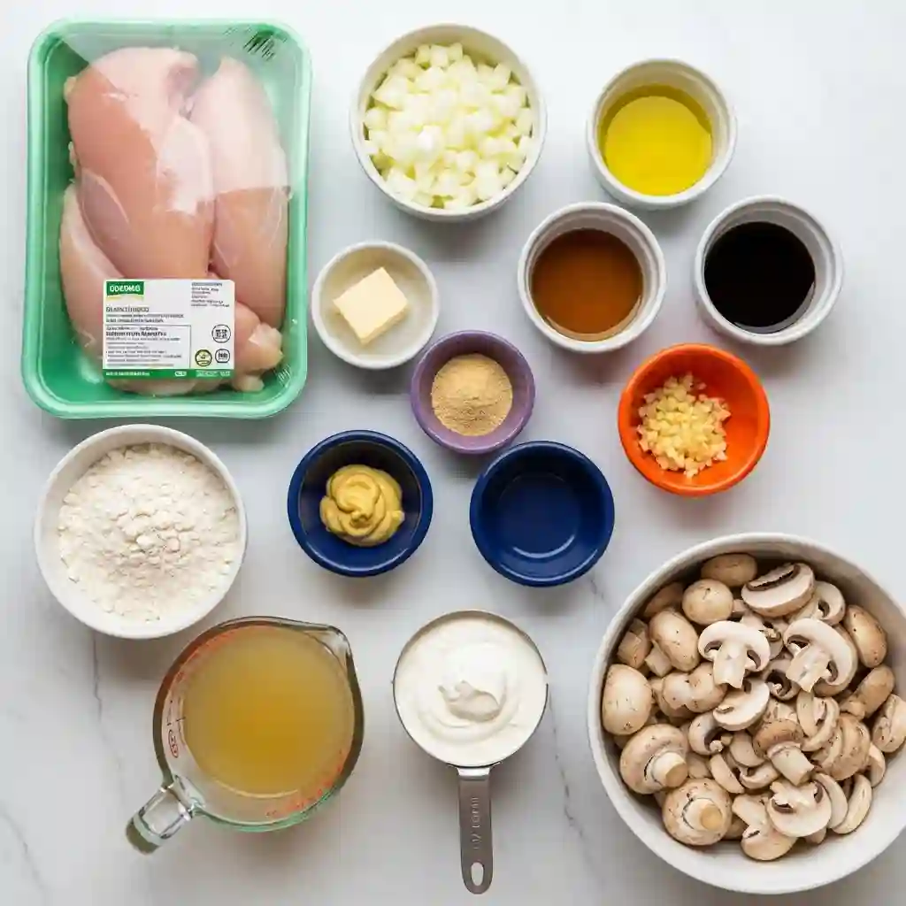 Ingredients for a creamy Chicken Stroganoff recipe laid out on a counter, including raw chicken breasts, sliced mushrooms, onions, sour cream, broth, and spices.