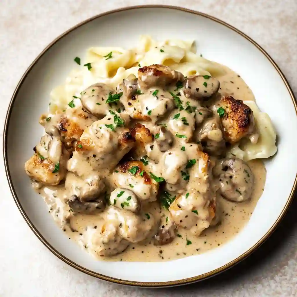 A white bowl showing a serving of the Chicken Stroganoff recipe spooned over buttery egg noodles, highlighting the creamy mushroom and chicken sauce.