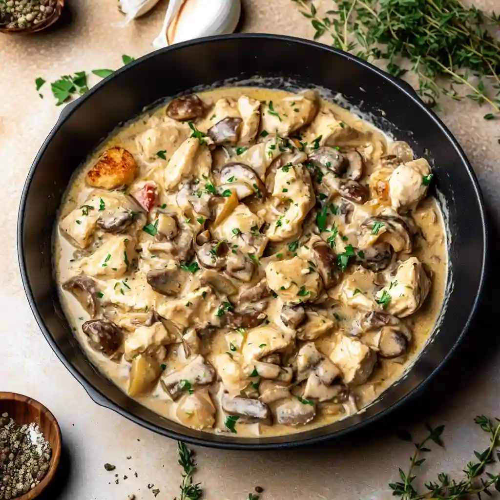 An extreme close-up of the Chicken Stroganoff recipe, focusing on the rich texture of the creamy sauce, seared chicken chunks, and sliced mushrooms.