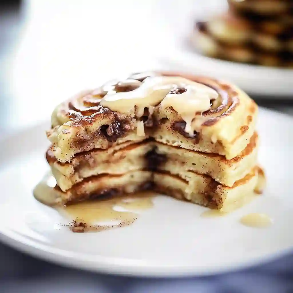 A stack of fluffy Cinnamon Roll Pancakes cut open on a white plate, showing the rich, buttery cinnamon swirl filling inside each layer