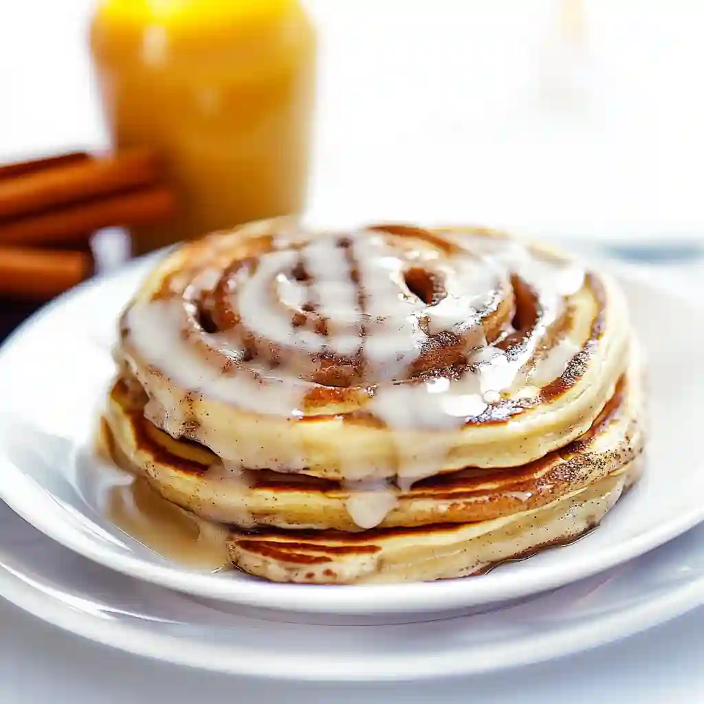 A stack of three light Cinnamon Roll Pancakes with a piece cut out, revealing the fluffy texture and layers of cinnamon sugar, served on a white plate with a spoon