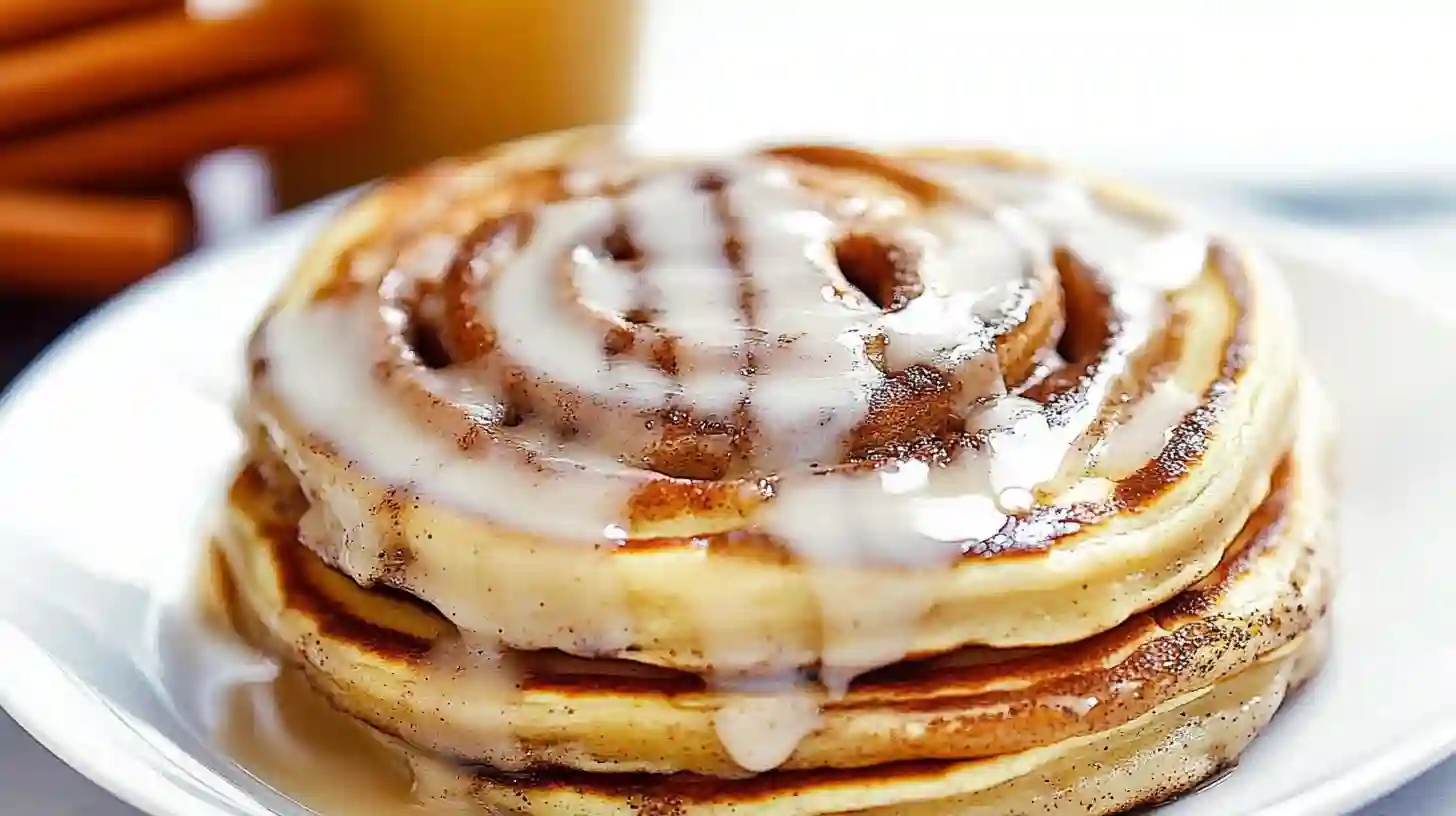 A close-up shot of homemade Cinnamon Roll Pancakes, perfectly stacked and drizzled with a creamy vanilla glaze that follows the cinnamon spiral