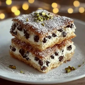 Two Classic Cannoli Squares stacked on a white plate, featuring flaky golden pastry layers, a creamy ricotta and mini chocolate chip filling, and a dusting of powdered sugar and chopped pistachios
