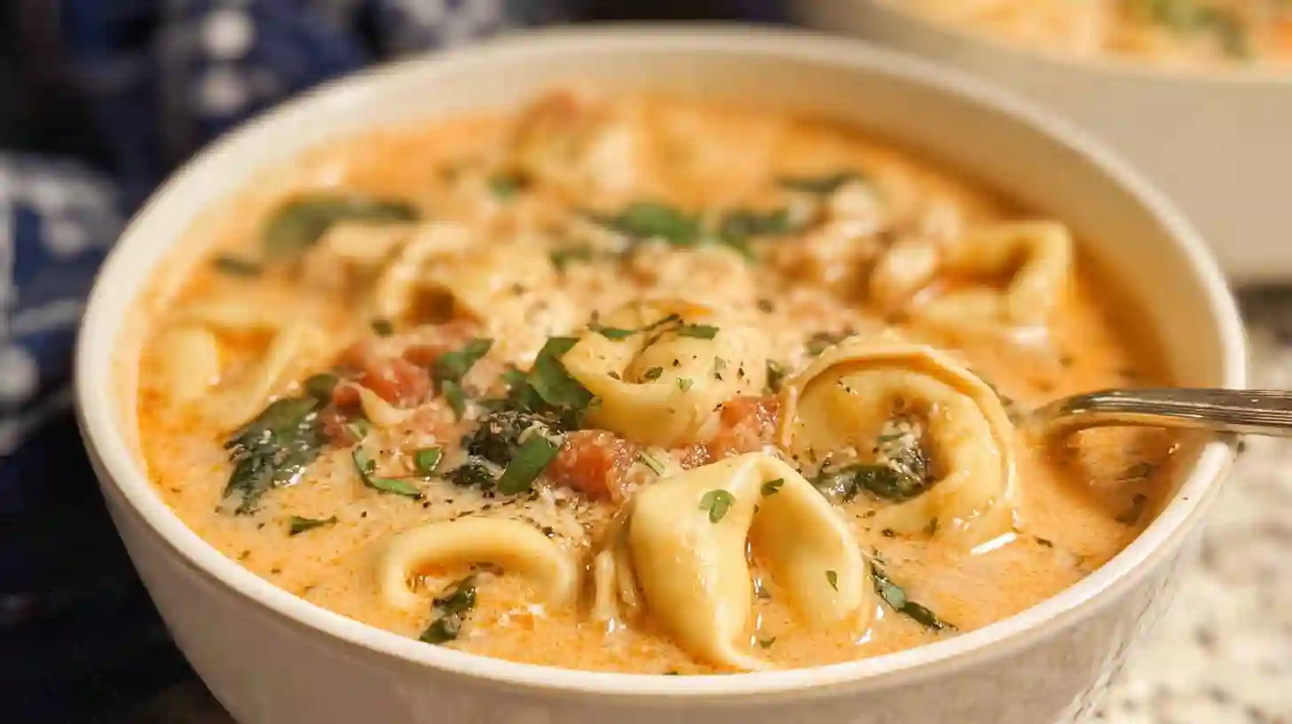 Homemade creamy chicken tortellini soup cooking in a pot, showing chunks of tomato, spinach, and cheese tortellini. Great family soup recipe for winter.