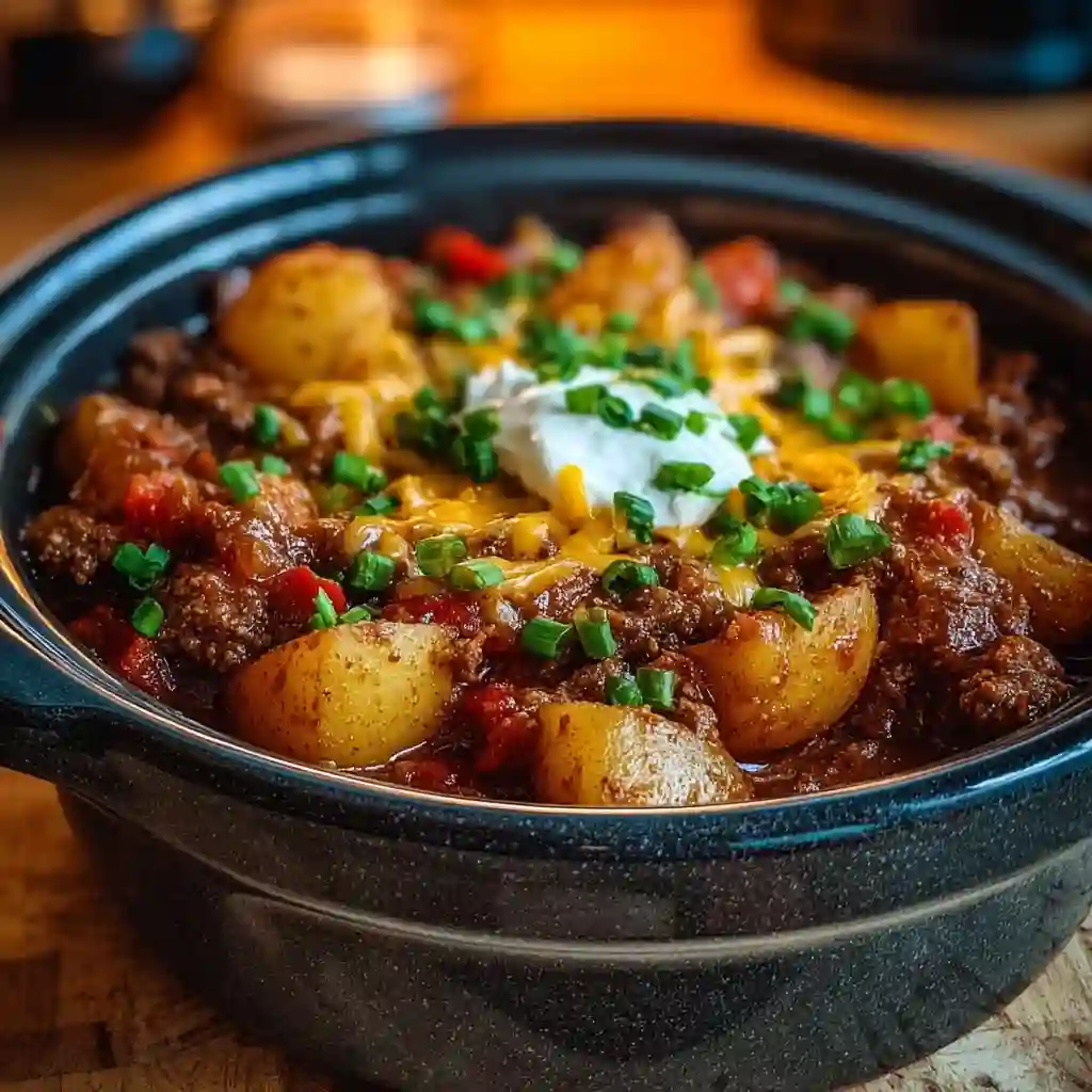 Warm and comforting Slow Cooker Cowboy Casserole garnished with green onions and sour cream, perfect for a family dinner
