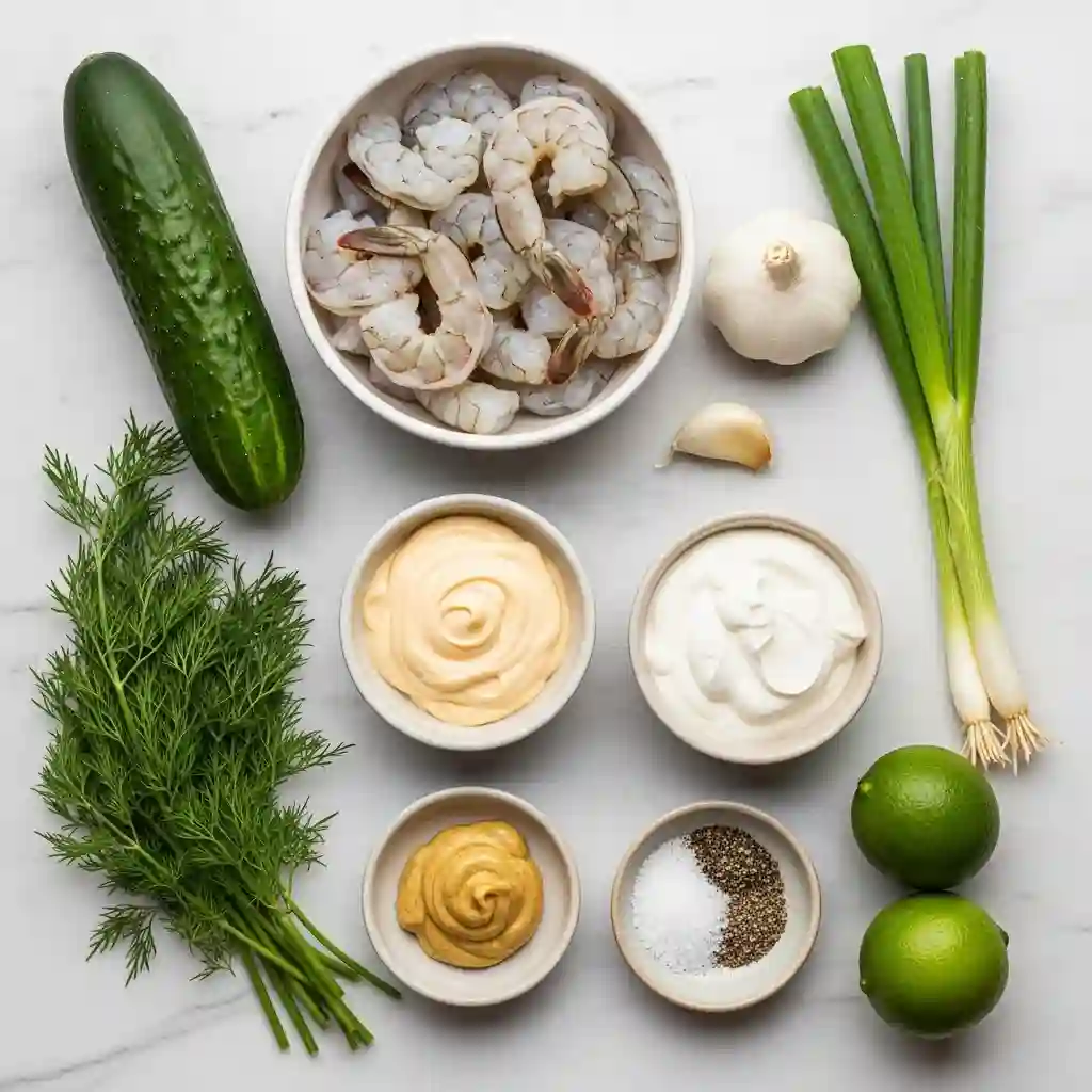 Ingredients for cucumber shrimp salad laid out on a marble surface, showing raw shrimp, cucumber, dill, green onions, and bowls of mayo, sour cream, and mustard.
