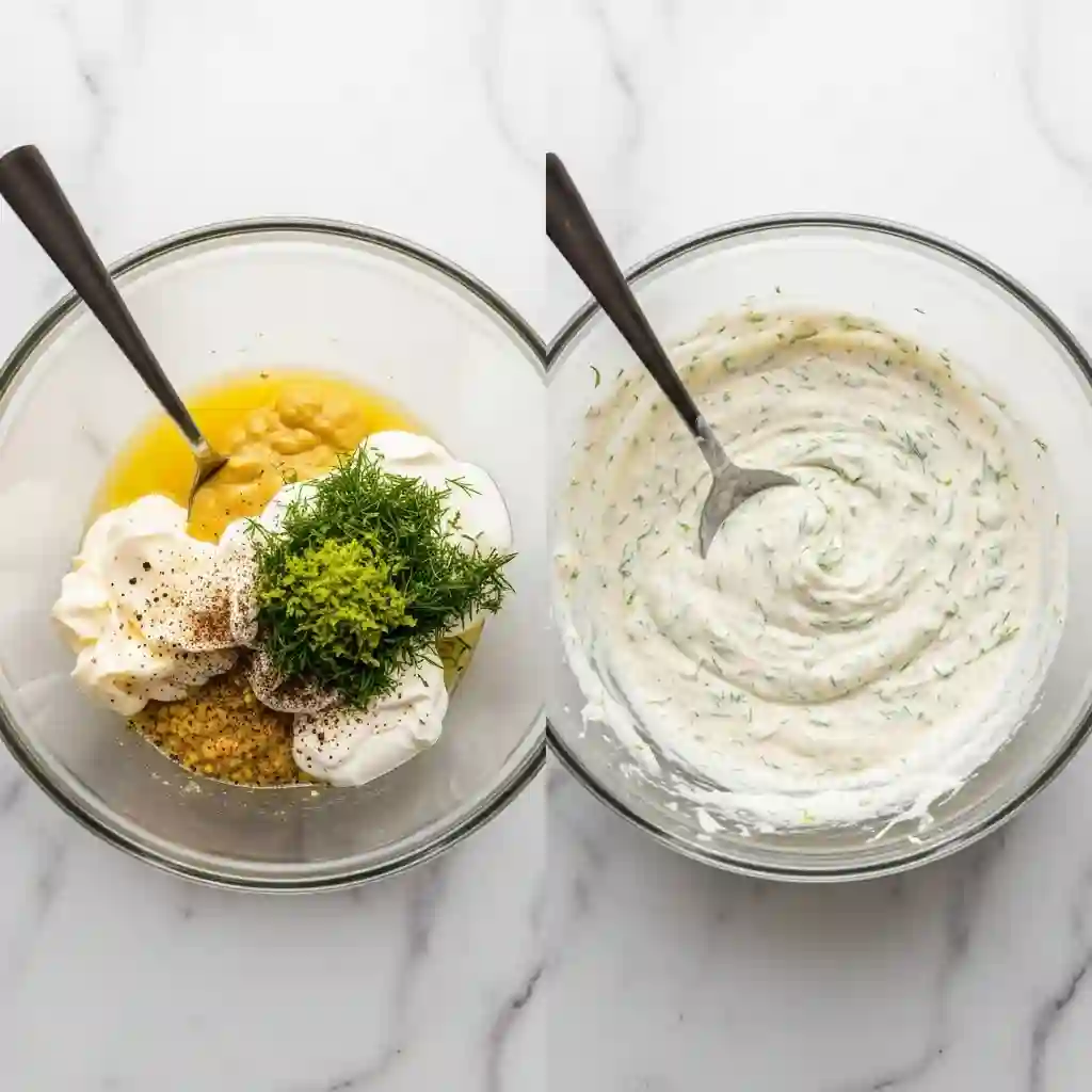 A two-panel image showing the steps to make the creamy dressing for cucumber shrimp salad, from ingredients in a bowl to the final whisked sauce.
