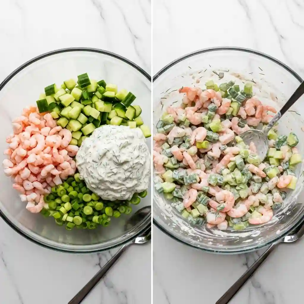 A two-panel image showing the process of making cucumber shrimp salad: on the left, ingredients are in a bowl unmixed; on the right, they are stirred together.