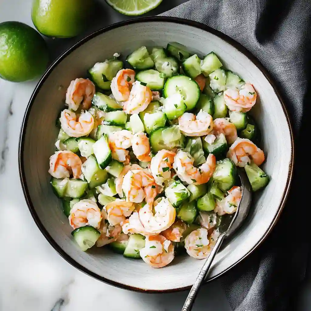 An overhead shot of a bowl of cucumber shrimp salad with a spoon, placed on a marble surface next to a grey napkin and fresh limes.