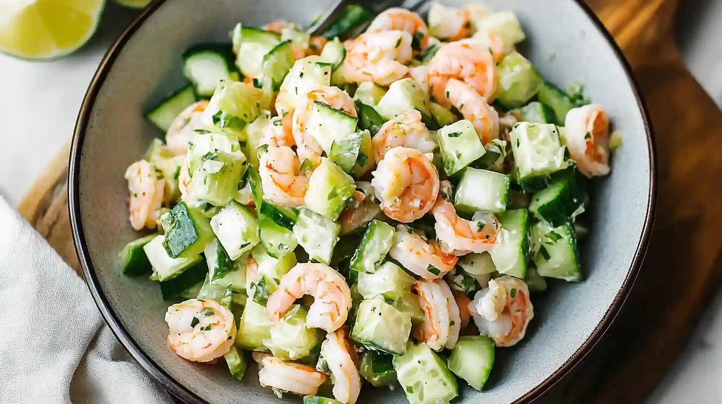 A close-up of a rustic bowl filled with creamy cucumber shrimp salad, showing chopped cucumber and pink shrimp.