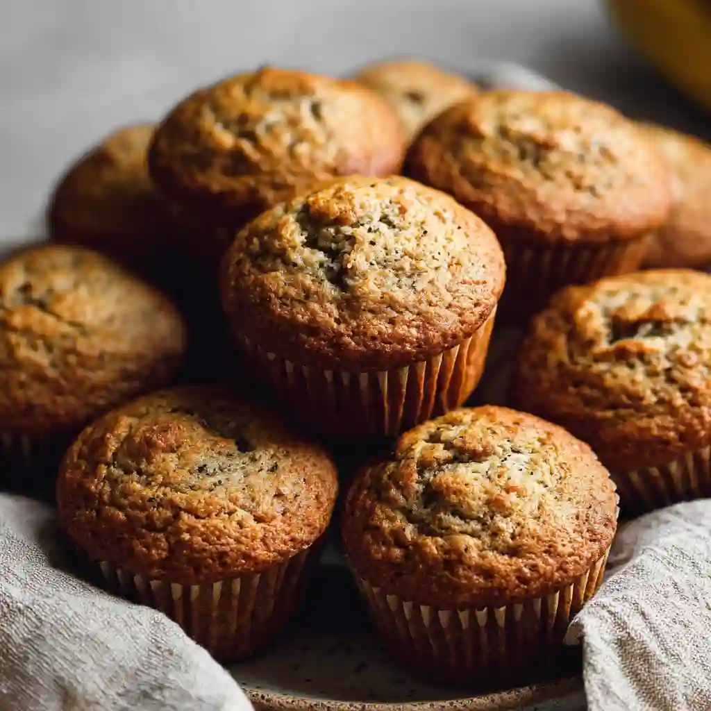 A stack of fluffy homemade banana muffins with high bakery-style domed tops and a soft crumb.