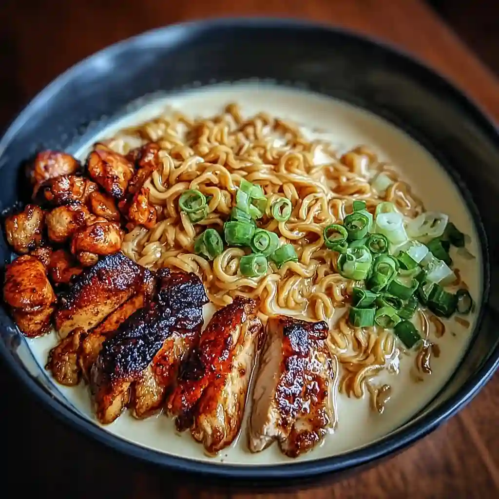 Close-up of a delicious bowl of Fiery Chicken Ramen with Creamy Garlic Sauce, garnished with fresh green onions and featuring both diced and sliced seared chicken