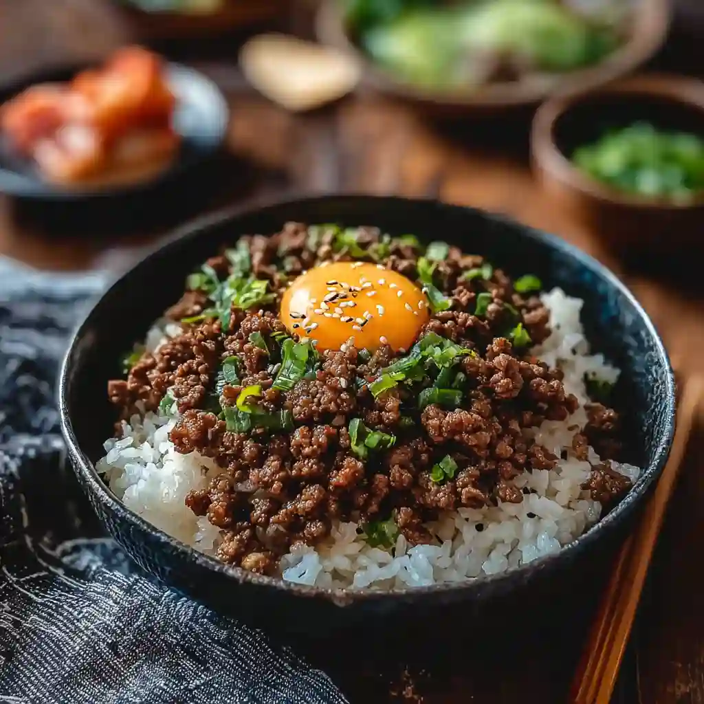 A savory variation of Ground Beef Bowl Recipes featuring Asian-style seasoned beef over rice, topped with a fresh egg yolk, sesame seeds, and scallions.