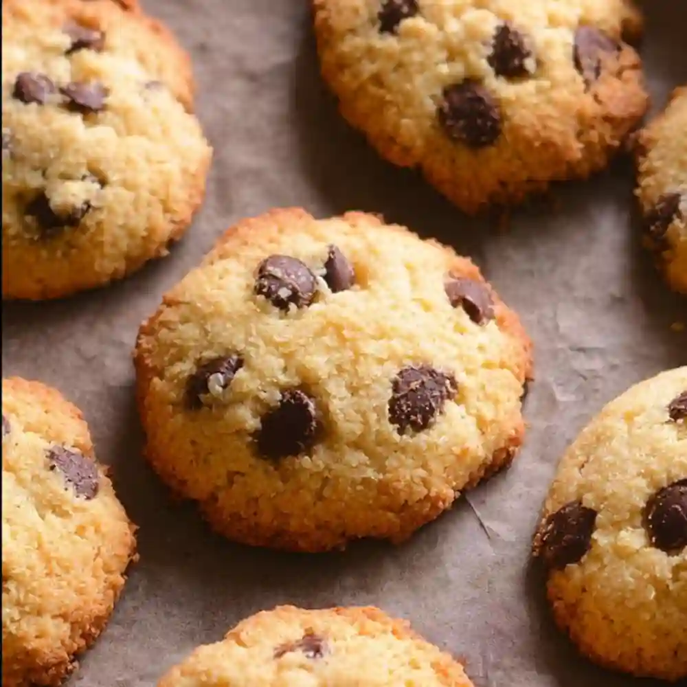 Freshly baked coconut flour chocolate chip cookies cooling on a parchment-lined baking sheet