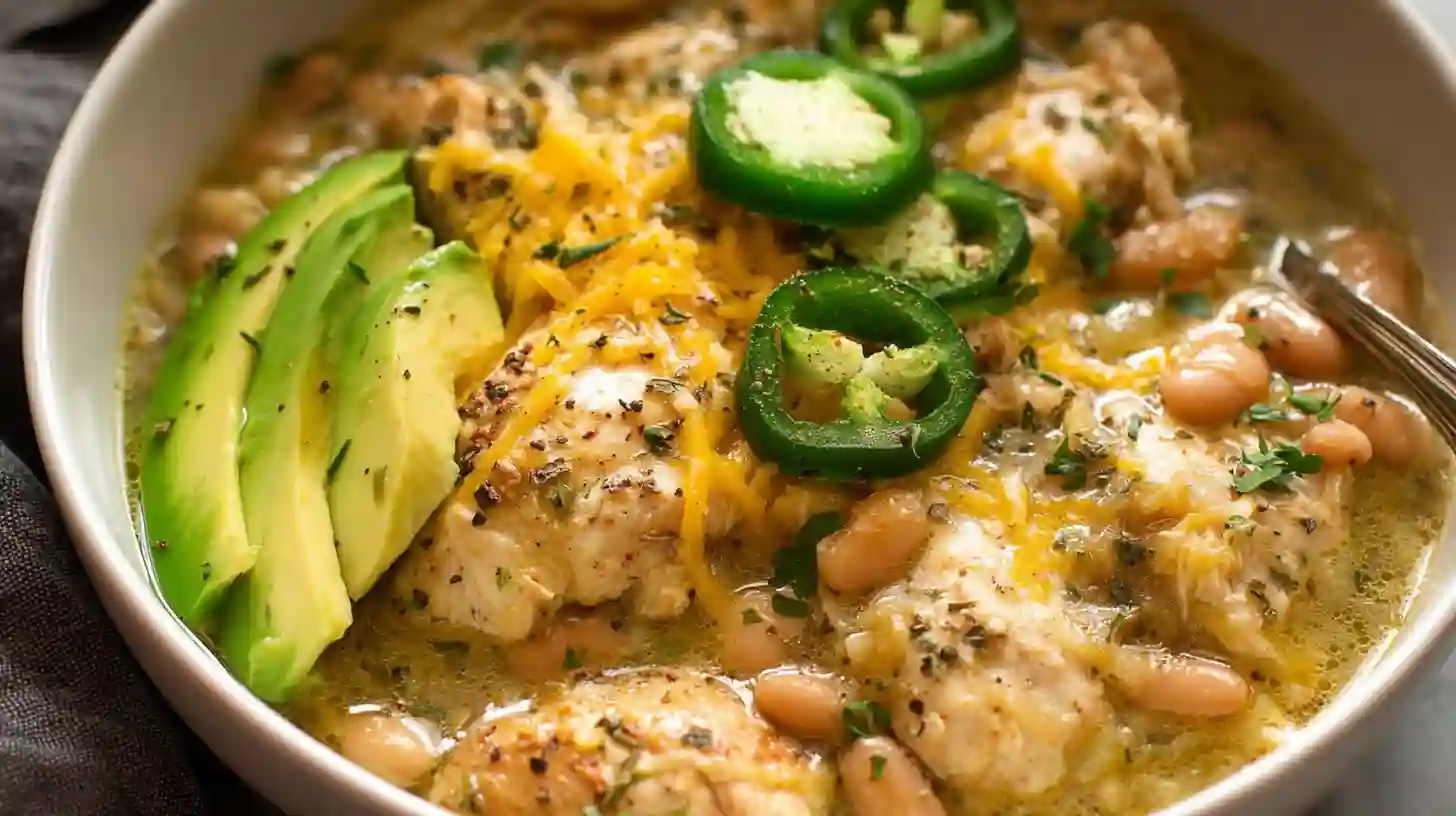 A close-up overhead view of a bowl of Healthy White Turkey Chili topped with sliced avocado, fresh jalapeño rings, and shredded cheese.