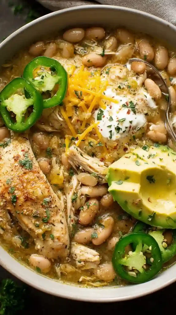 Creamy Healthy White Turkey Chili loaded with tender shredded turkey and white beans, garnished with a dollop of sour cream and herbs.