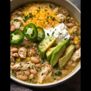 Creamy Healthy White Turkey Chili loaded with tender shredded turkey and white beans, garnished with a dollop of sour cream and herbs.
