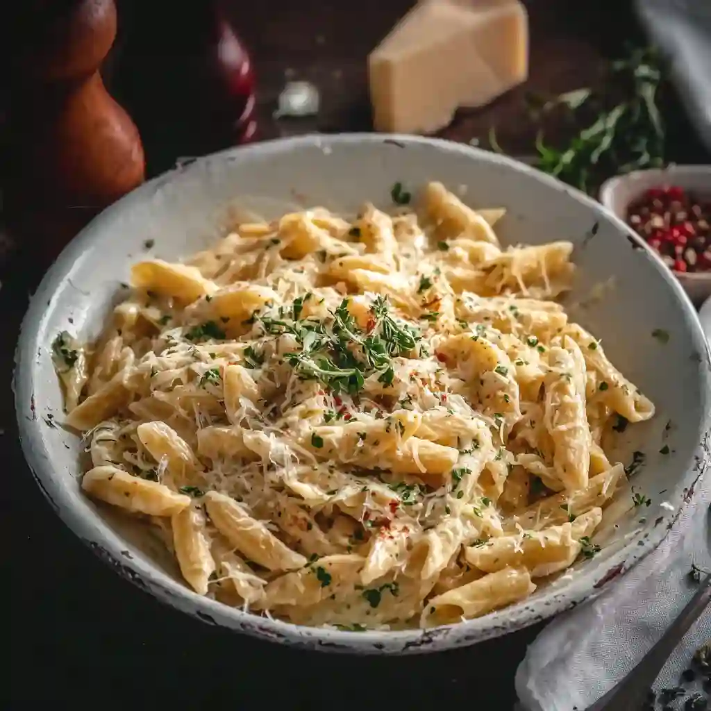 Rustic bowl of cheesy garlic pasta topped with parsley, a perfect choice for kid friendly dinners and easy weeknight meals.