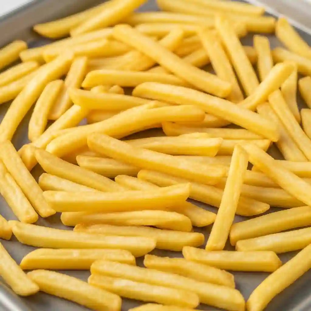 Golden french fries spread on a baking sheet, the essential base layer for making homemade loaded chili cheese fries.