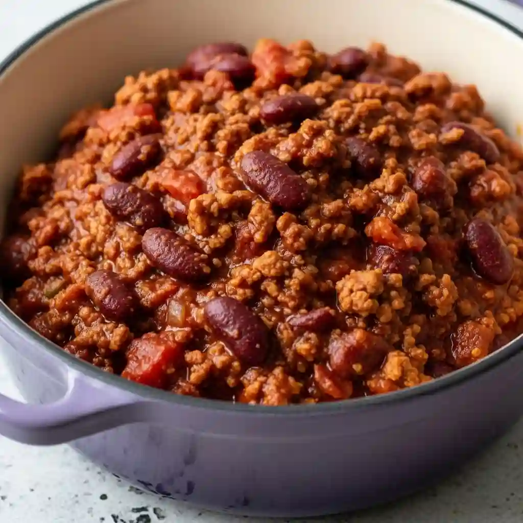 A close-up of a purple pot filled with rich, hearty beef and bean chili, the key topping for loaded chili cheese fries.