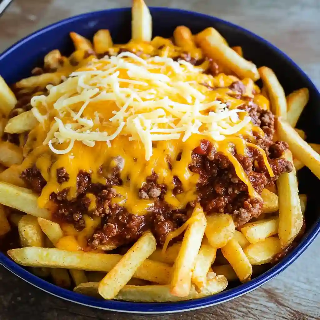 A blue bowl of french fries generously topped with beef chili and a pile of shredded cheddar, being assembled into loaded chili cheese fries.