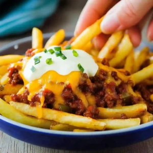 dding a final dollop of sour cream and fresh chives to a bowl of perfectly melted loaded chili cheese fries.