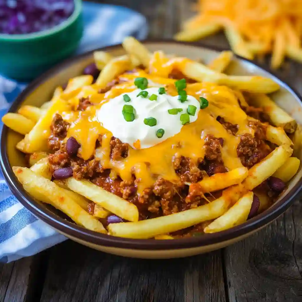 A full-plated bowl of loaded chili cheese fries, showing the delicious layers of fries, chili, and toppings on a rustic wooden table.