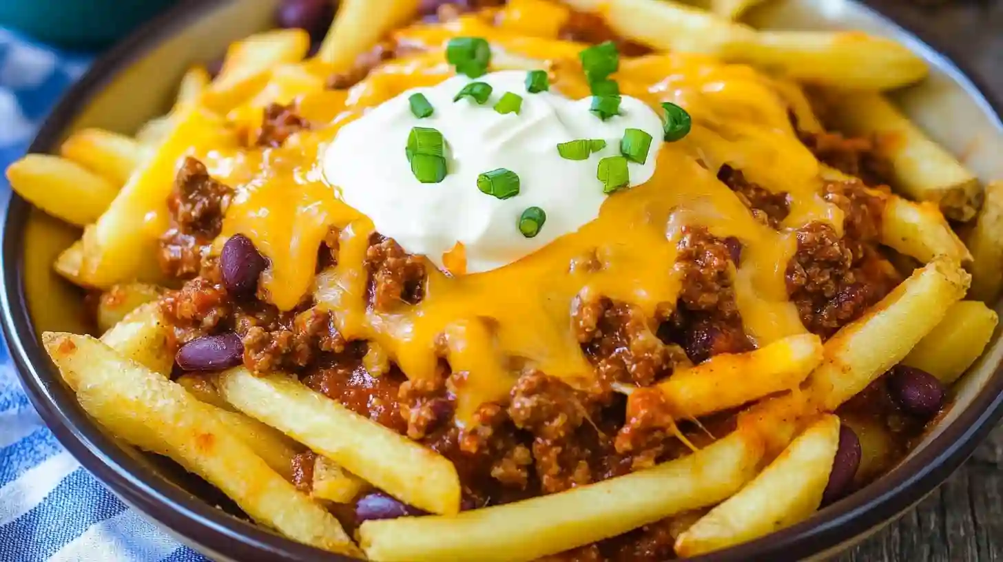 A hero shot of the ultimate loaded chili cheese fries in a bowl, finished with melted cheddar, a dollop of sour cream, and green onions.