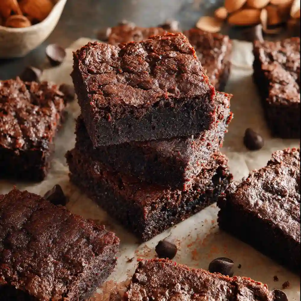 A tall stack of three dark chocolate almond flour brownies with raw almonds in a bowl in the background.