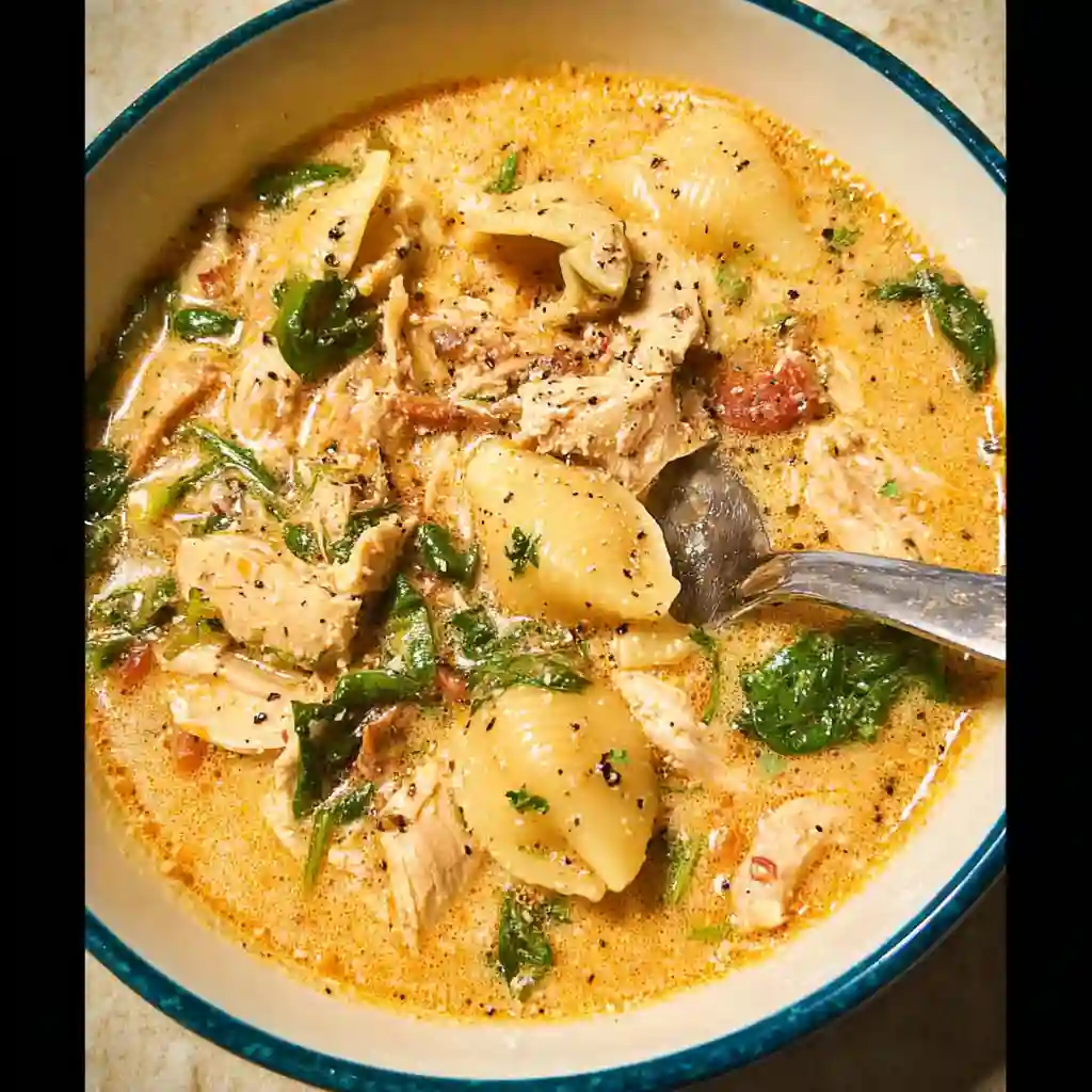 A close-up shot of a bowl of Marry Me Chicken Soup, highlighting the creamy broth, pasta, and sun-dried tomatoes.