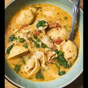 A teal bowl filled with creamy Marry Me Chicken Soup, showing pasta shells, shredded chicken, and fresh spinach.