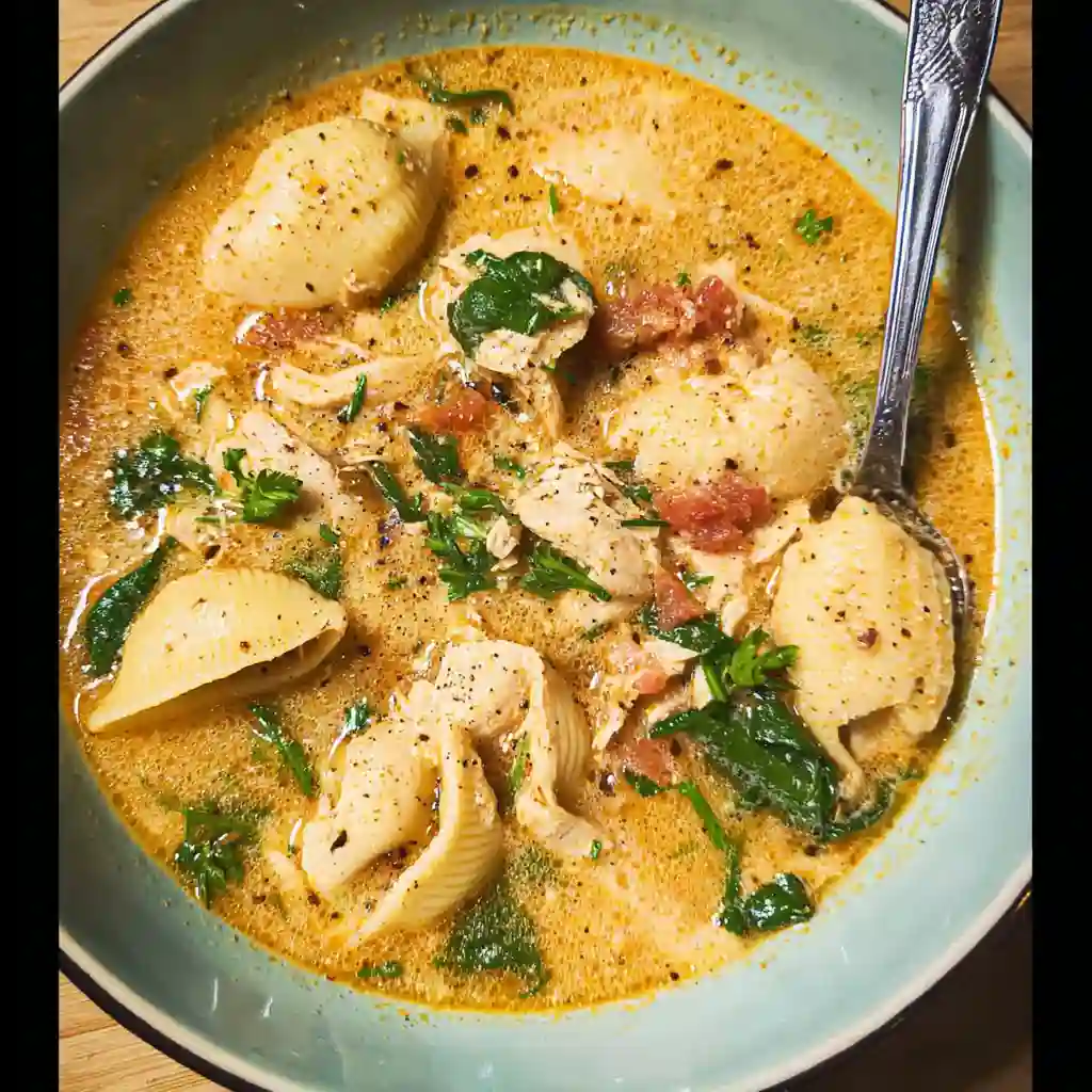 A teal bowl filled with creamy Marry Me Chicken Soup, showing pasta shells, shredded chicken, and fresh spinach.