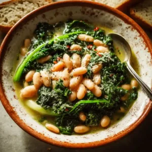 Mediterranean bean recipes healthy dinner idea featuring braised greens, broth, and tender white beans in a rustic bowl.