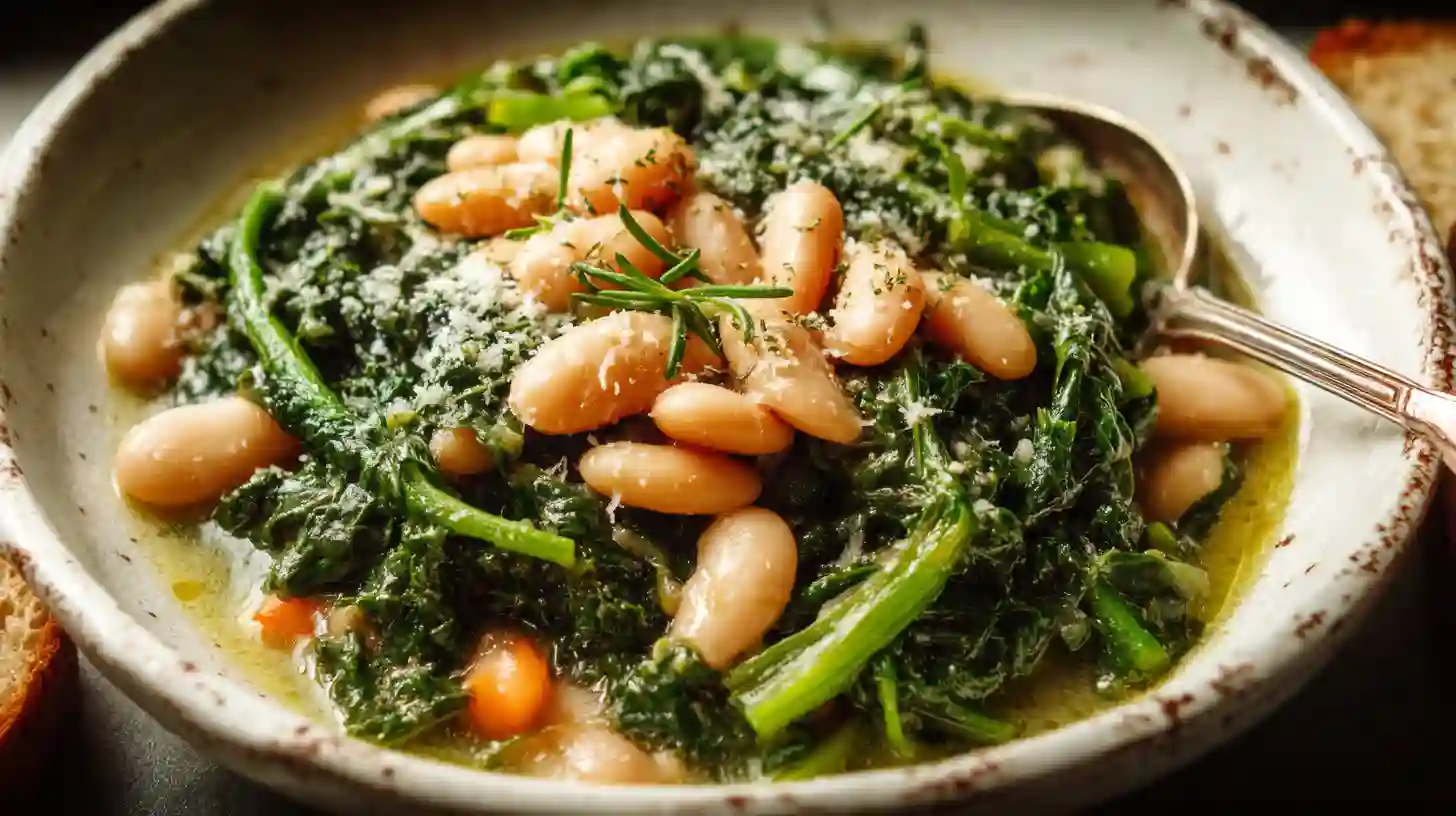 Mediterranean white beans and greens topped with rosemary and parmesan.