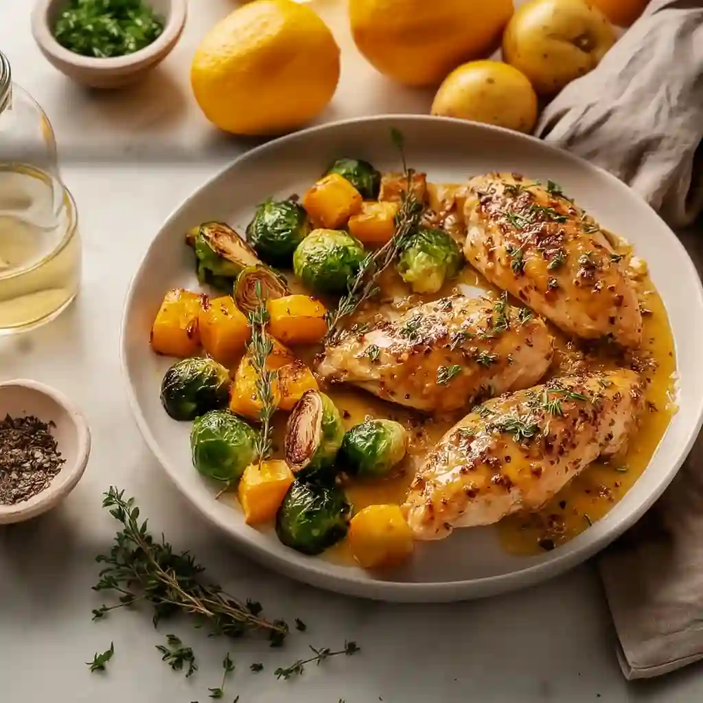 A close-up of juicy Sheet Pan Honey Dijon Chicken breasts, showing the caramelized honey dijon glaze and fresh herbs