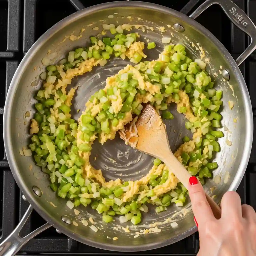 A wooden spoon stirs chopped celery into a light-colored roux in a skillet, starting the base for a shrimp and sausage gumbo