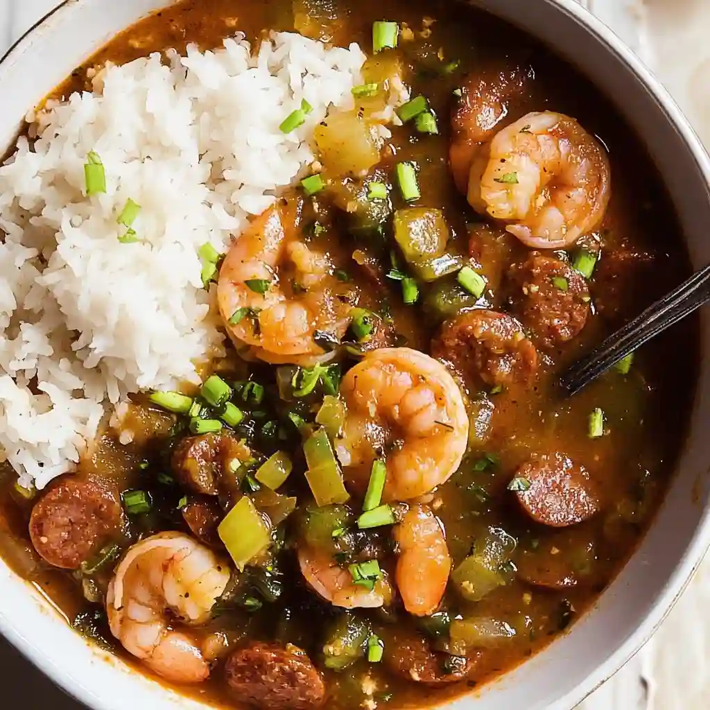 A white bowl of hearty shrimp and sausage gumbo served traditionally with a large scoop of white rice and garnished with green onions