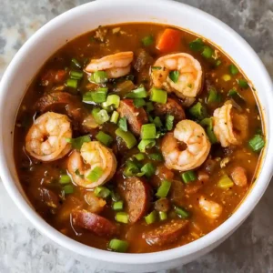 A pot of shrimp and sausage gumbo being stirred with a wooden spoon. This gumbo recipe includes plump shrimp, sliced sausage, and bright green peas simmering in a thick, savory broth